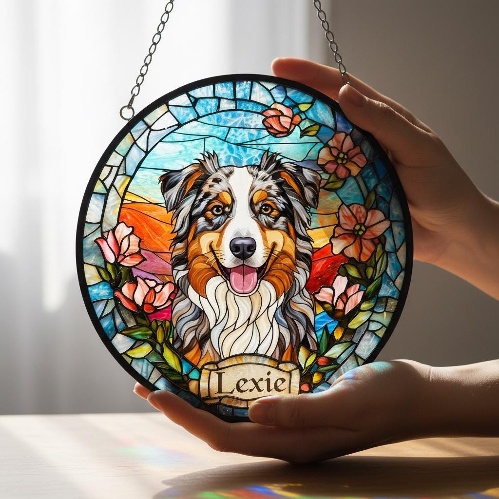 Custom Australian Shepherd Dog  Portrait Stained Glass Suncatcher, Stained Glass Dog Memorial,Custom Dog Portrait from Photo, Sympathy Gifts - image 4