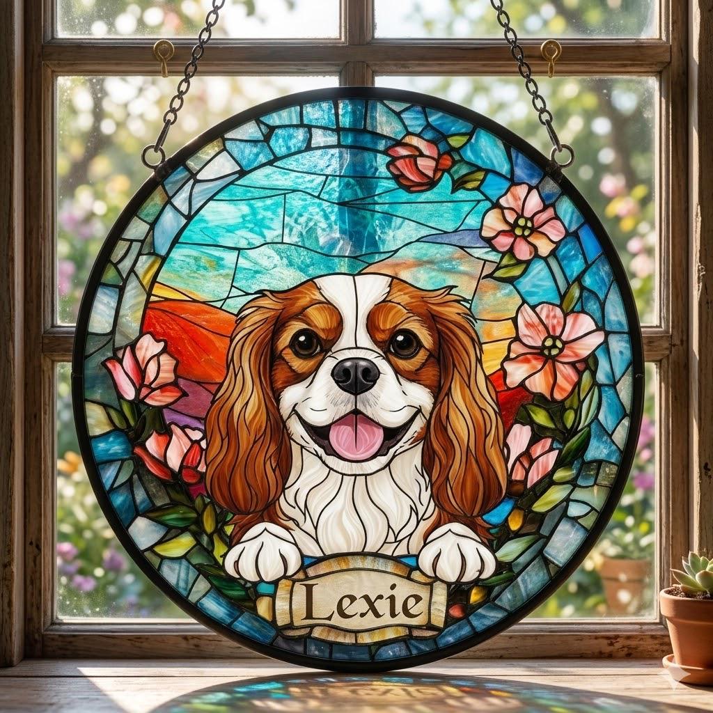 Custom Spaniel dog  Portrait Stained Glass Suncatcher, Stained Glass Dog Memorial, Custom Dog Portrait from Photo, Sympathy Gifts