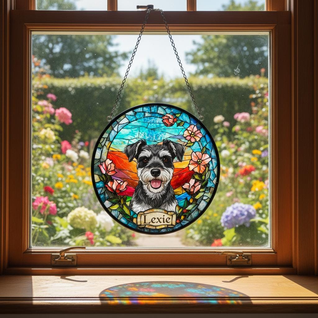 Custom Miniature Schnauzer Portrait Stained Glass Suncatcher, Stained Glass Dog Memorial, Custom Dog Portrait from Photo, Sympathy Gifts - image 4