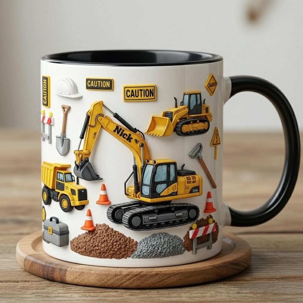 Personalized Excavator Coffee Cup, Custom Name Construction Worker Accent Mug, Gift for Dad Grandpa