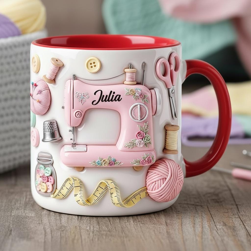 Personalized Sewing Coffee Cup, Custom 3D-Effect Craft Tools Accent Mug, Gift for Women