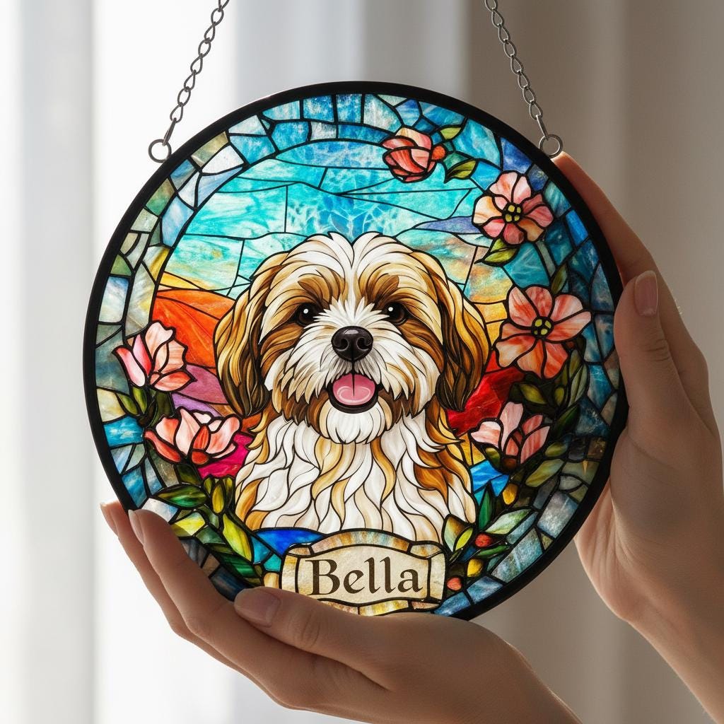 Custom Shih Tzu  dog Portrait Stained Glass Suncatcher, Stained Glass Dog Memorial, Custom Dog Portrait from Photo, Sympathy Gifts - image 3