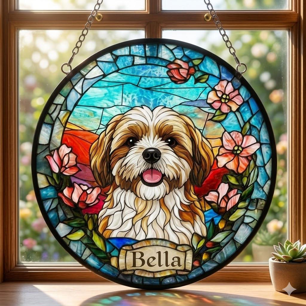 Custom Shih Tzu  dog Portrait Stained Glass Suncatcher, Stained Glass Dog Memorial, Custom Dog Portrait from Photo, Sympathy Gifts
