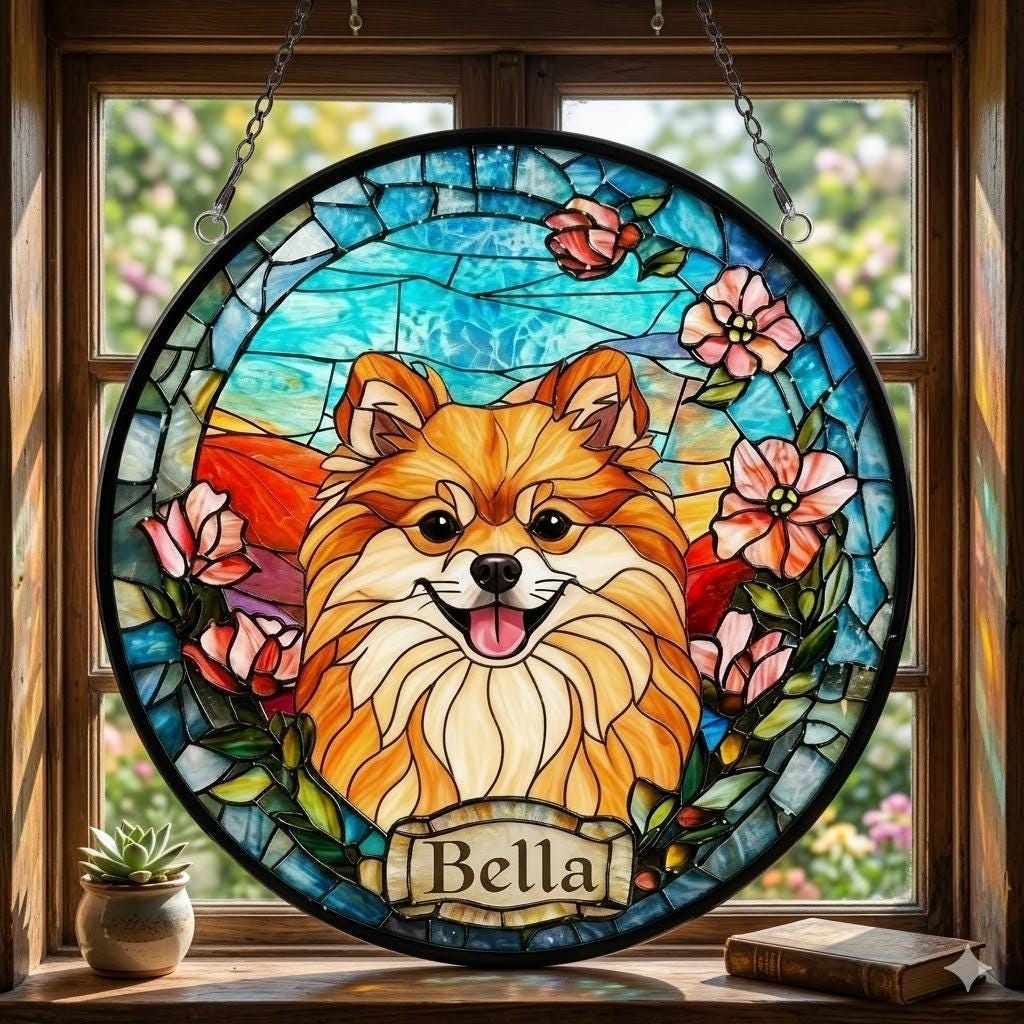 Custom Pomeranian Dog Portrait Stained Glass Suncatcher, Stained Glass Dog Memorial, Custom Dog Portrait from Photo, Sympathy Gifts
