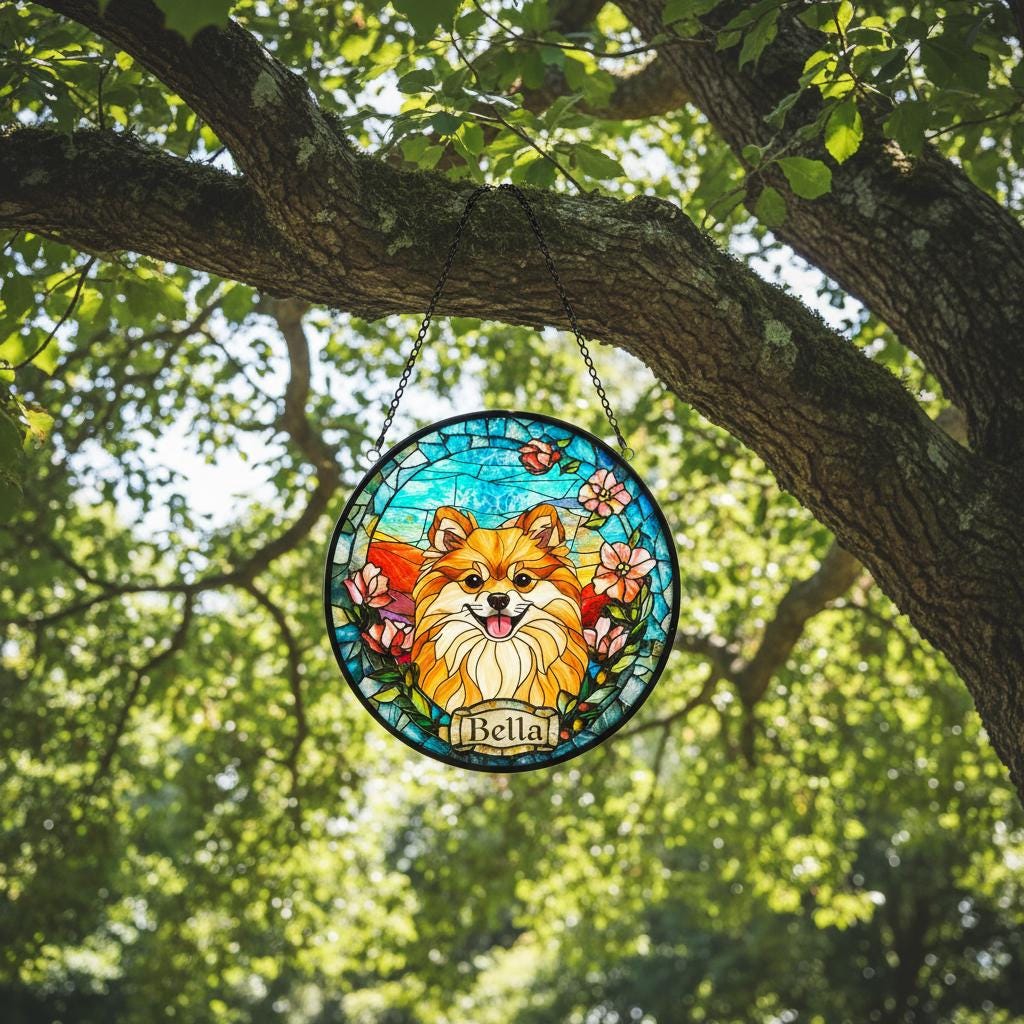 Custom Pomeranian Dog Portrait Stained Glass Suncatcher, Stained Glass Dog Memorial, Custom Dog Portrait from Photo, Sympathy Gifts - image 3