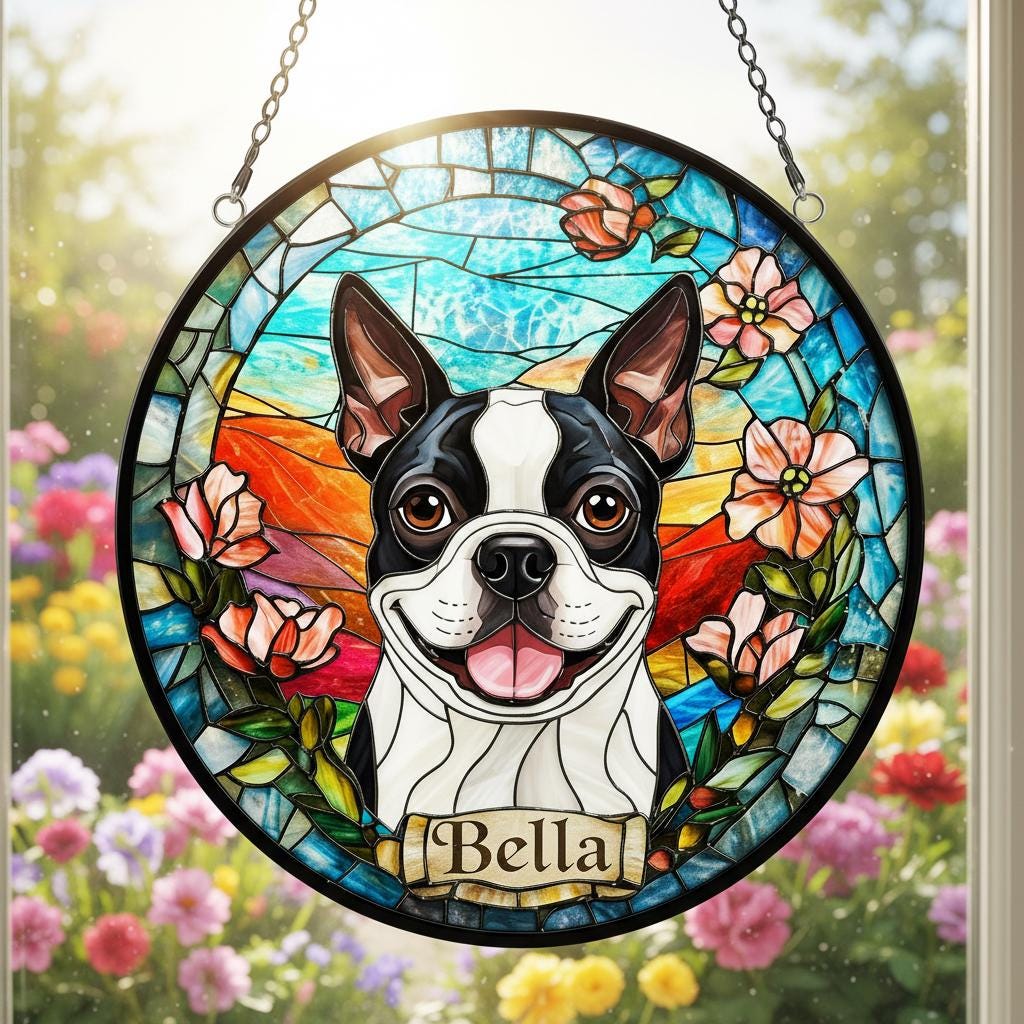 Custom Boston Terrier Dog Portrait Stained Glass Suncatcher, Stained Glass Dog Memorial, Custom Dog Portrait from Photo, Sympathy Gifts - image 2