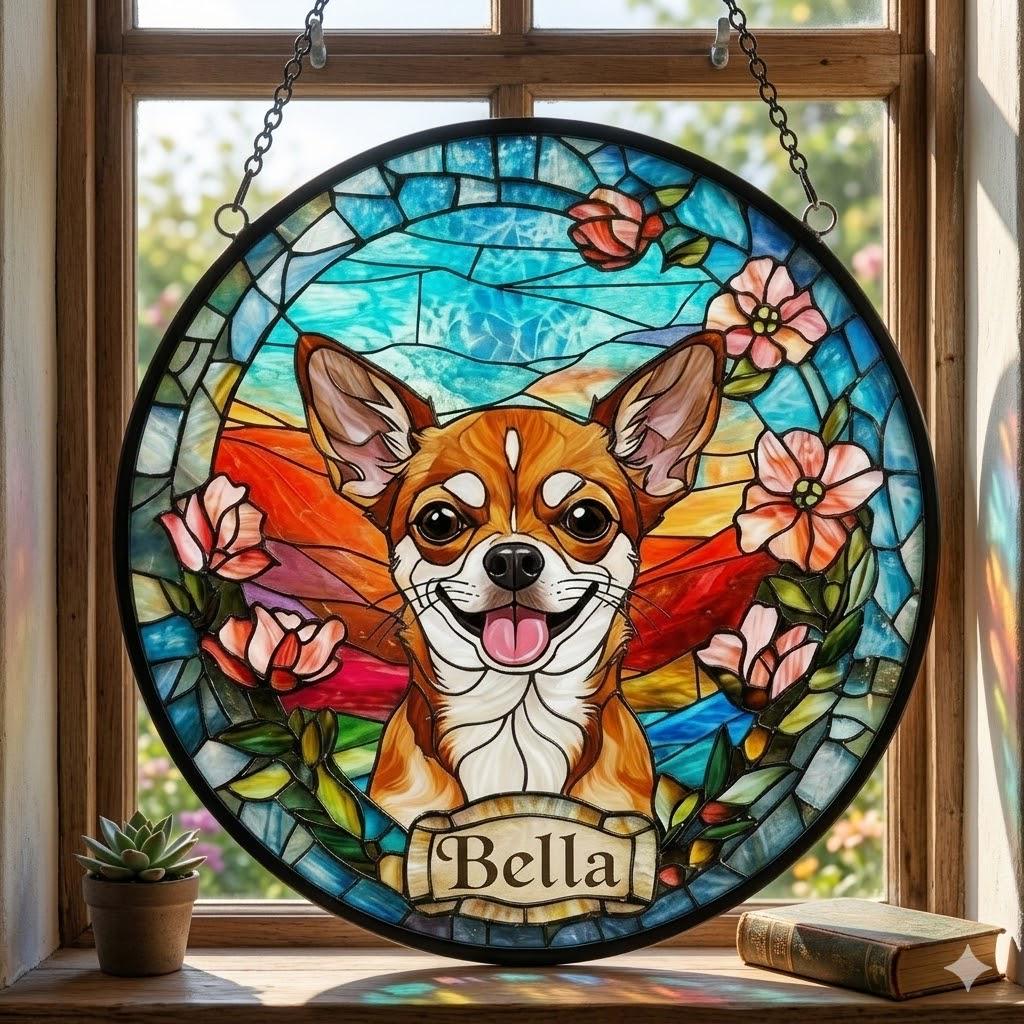 Custom Chihuahua  Dog Portrait Stained Glass Suncatcher, Stained Glass Dog Memorial, Custom Dog Portrait from Photo, Sympathy Gifts