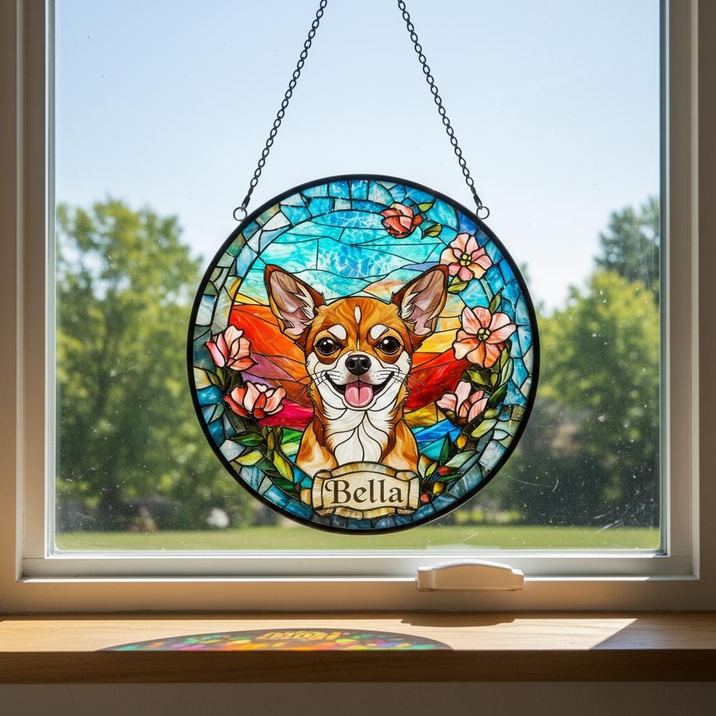 Custom Chihuahua  Dog Portrait Stained Glass Suncatcher, Stained Glass Dog Memorial, Custom Dog Portrait from Photo, Sympathy Gifts - image 2