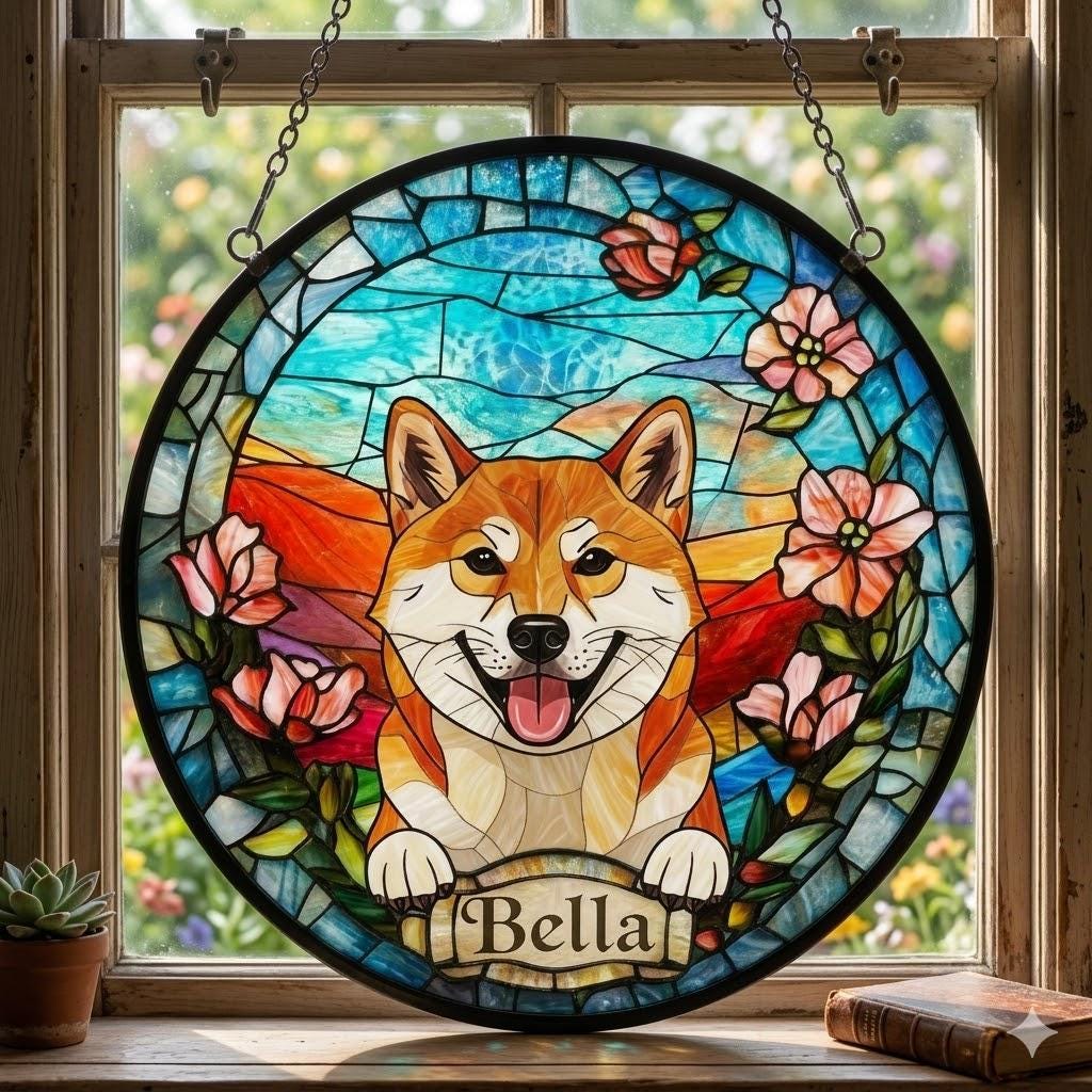 Custom Shiba Inu Dog Portrait Stained Glass Suncatcher, Stained Glass Dog Memorial, Custom Dog Portrait from Photo, Sympathy Gifts