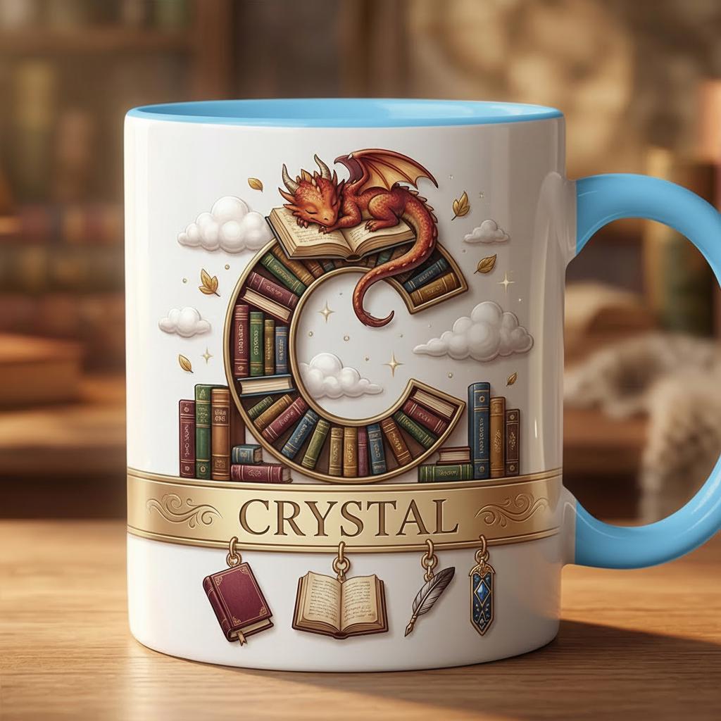 Personalized Book Dragon Alphabet Initial Letter Mug, Book Lover Coffee Mug with Name, Bookish Coffee Cup for Dragon Lover, Faux 3D Effect - image 6