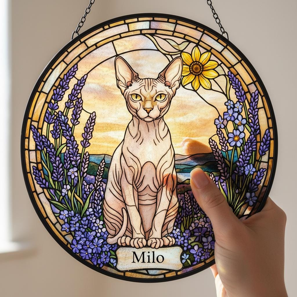 Custom  Sphynx Cat Memorial Stained Glass, Loss of Pet Sympathy Gift, Cat With Name Suncatcher,  Custom Pet Image Gift - image 4