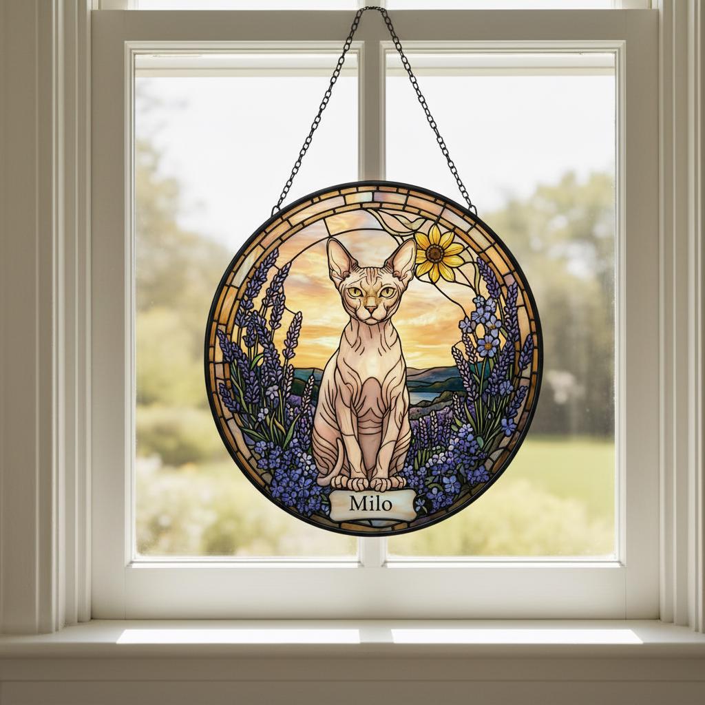 Custom  Sphynx Cat Memorial Stained Glass, Loss of Pet Sympathy Gift, Cat With Name Suncatcher,  Custom Pet Image Gift - image 3