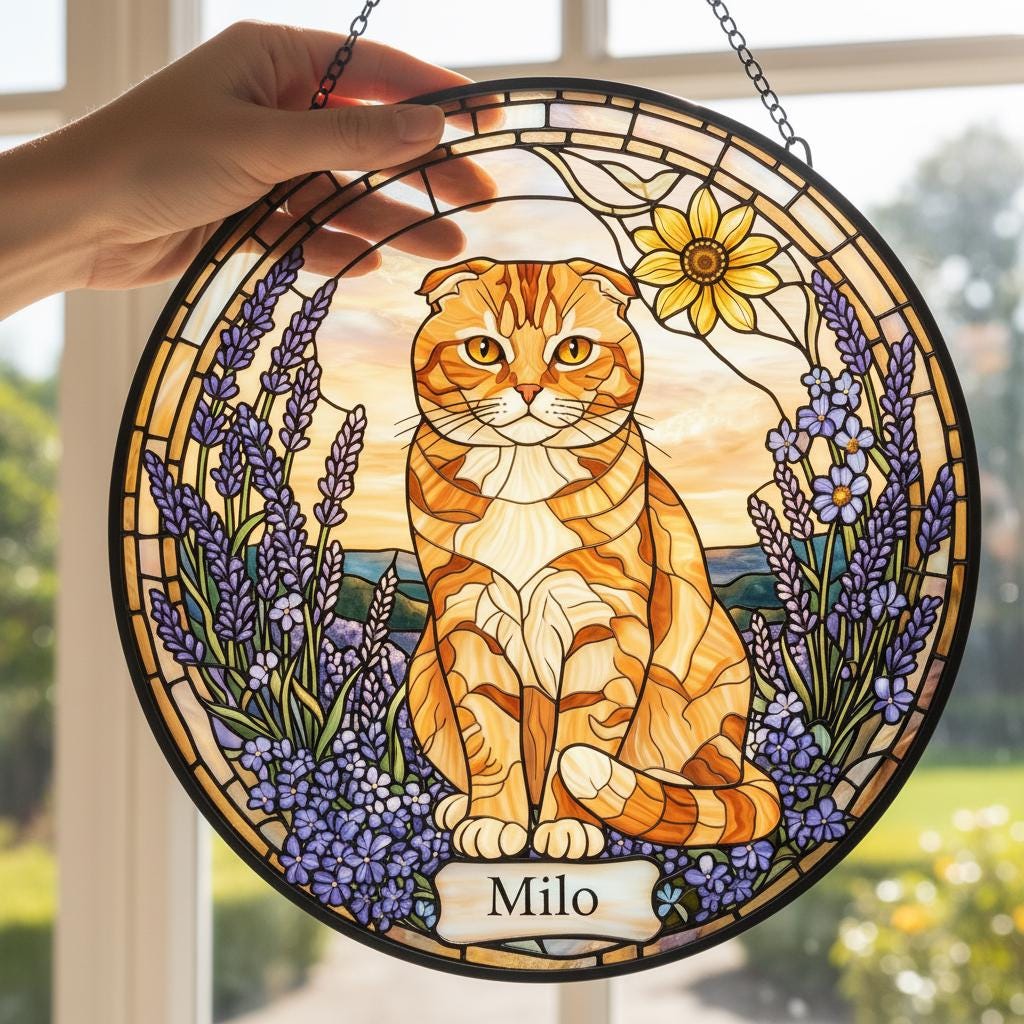 Custom  Scottish Fold  Cat Memorial Stained Glass, Loss of Pet Sympathy Gift, Cat With Name Suncatcher,  Custom Pet Image Gift - image 5