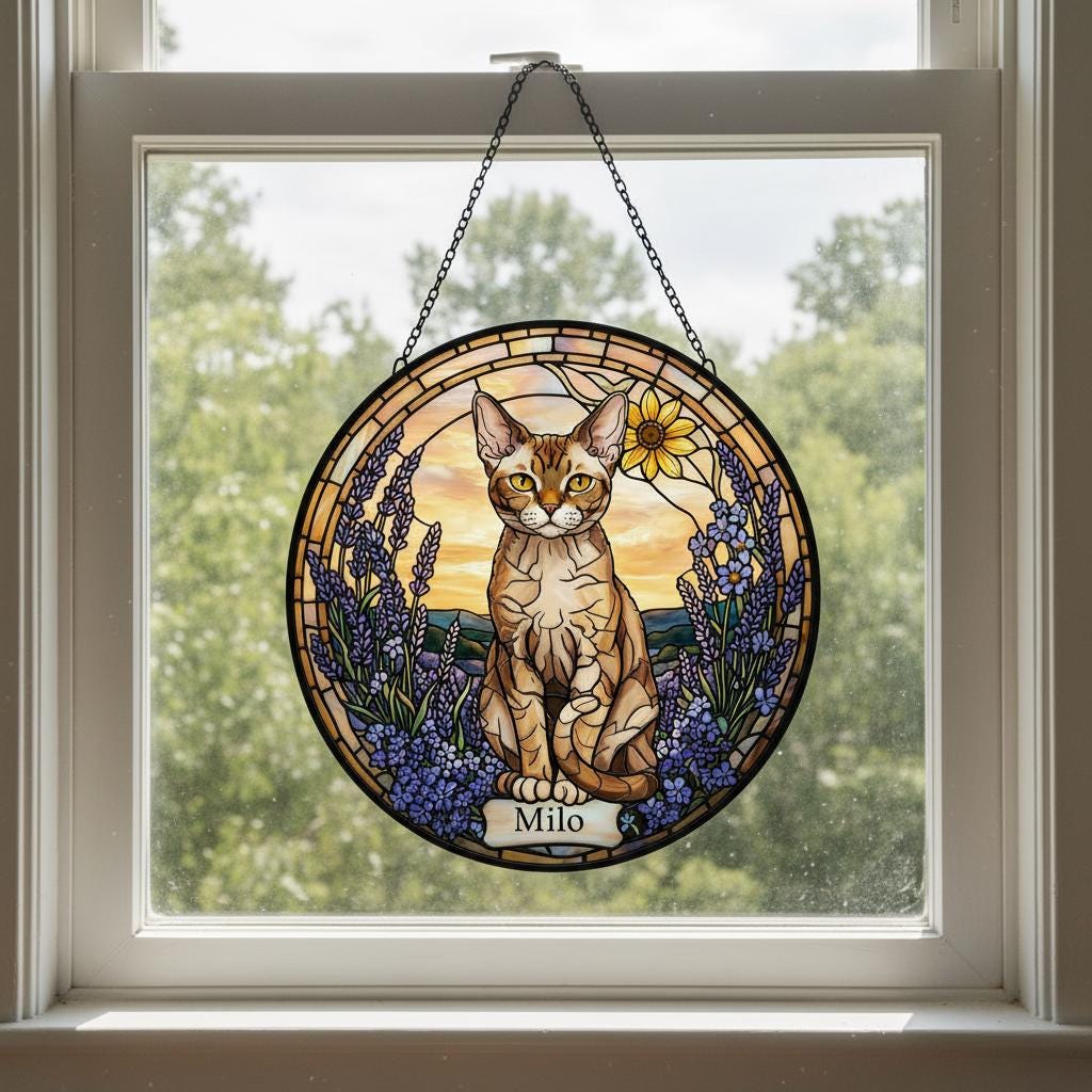 Custom  Devon Rex Cat Memorial Stained Glass, Loss of Pet Sympathy Gift, Cat With Name Suncatcher,  Custom Pet Image Gift - image 4