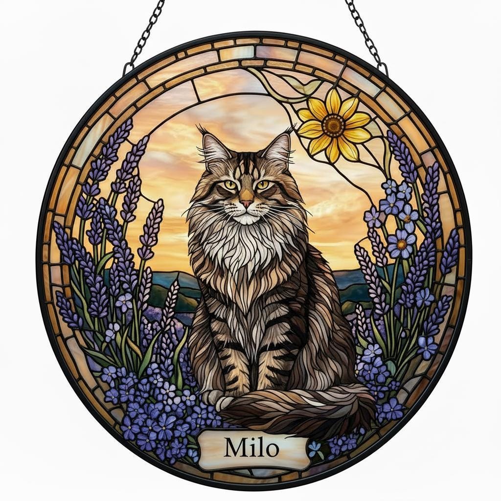Custom Norwegian Forest Cat Cat Memorial Stained Glass, Loss of Pet Sympathy Gift, Cat With Name Suncatcher,  Custom Pet Image Gift - image 2