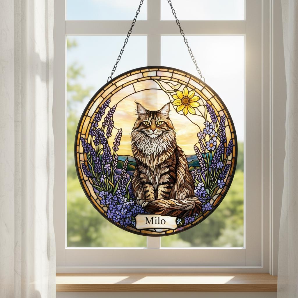 Custom Norwegian Forest Cat Cat Memorial Stained Glass, Loss of Pet Sympathy Gift, Cat With Name Suncatcher,  Custom Pet Image Gift - image 8