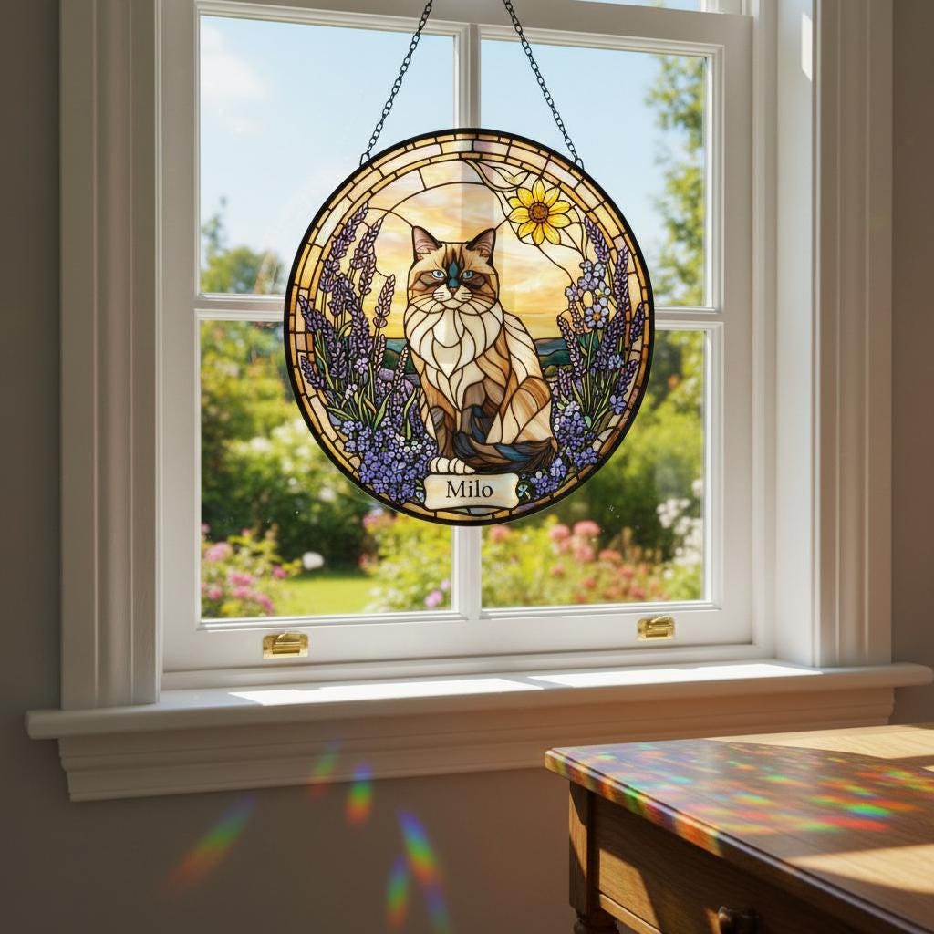 Custom Himalayan Cat Memorial Stained Glass, Loss of Pet Sympathy Gift, Cat With Name Suncatcher,  Custom Pet Image Gift - image 5
