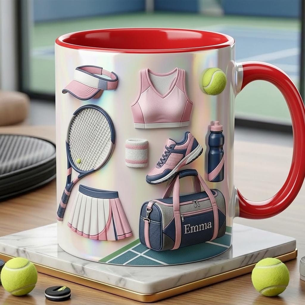 Custom Name Tennis Faux 3D Effect Accent Mug, Tennis Coffee Cup, Gift For Tennis Lover - image 4