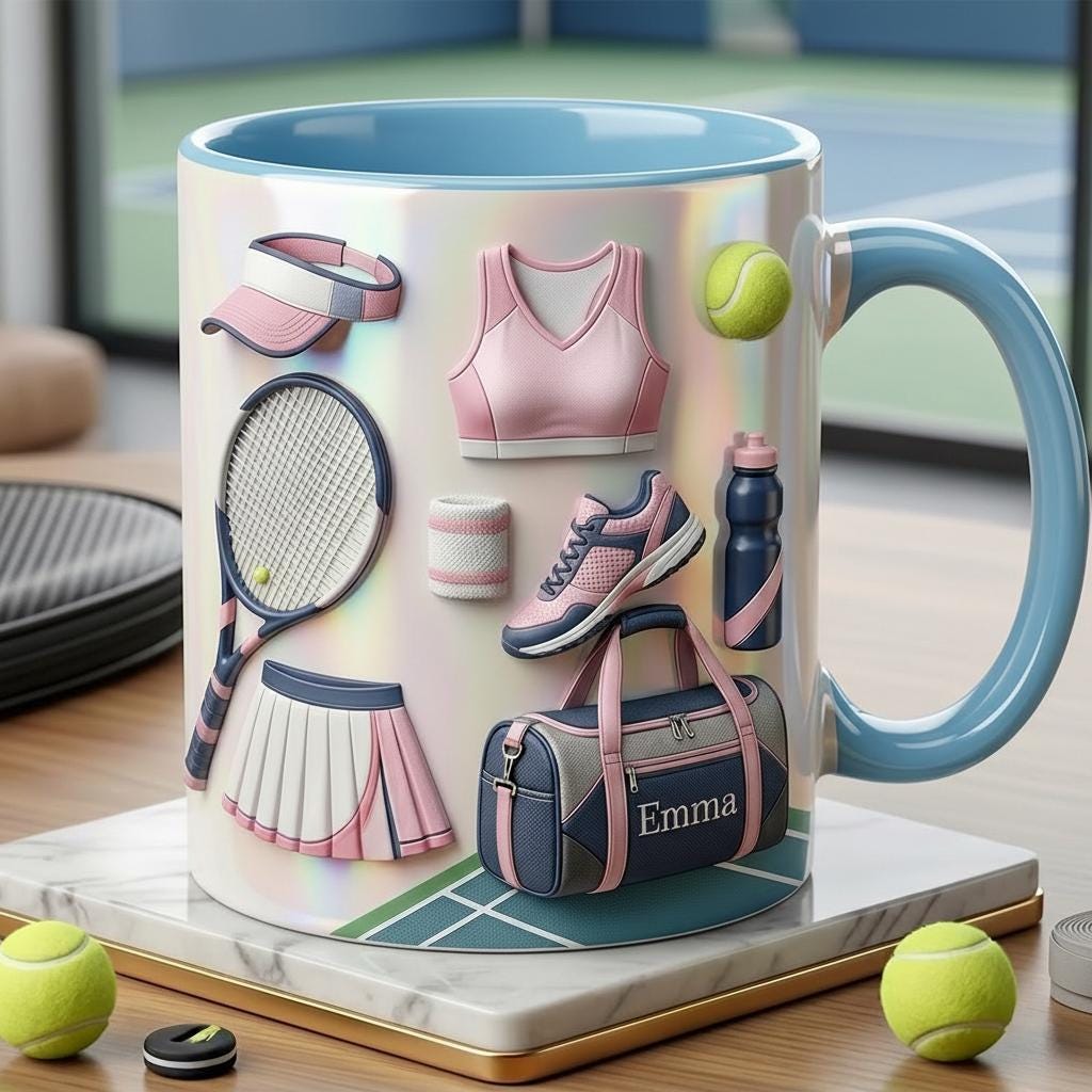 Custom Name Tennis Faux 3D Effect Accent Mug, Tennis Coffee Cup, Gift For Tennis Lover - image 3