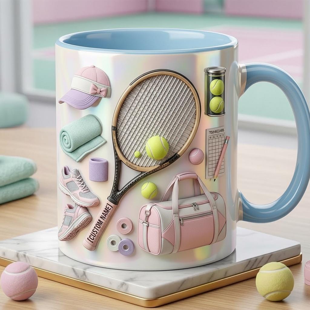 Custom Name Tennis Accent Mug, Tennis Coffee Cup, Gift For Her, Faux 3D Effect - image 2