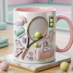 Custom Name Tennis Accent Mug, Tennis Coffee Cup, Gift For Her, Faux 3D Effect