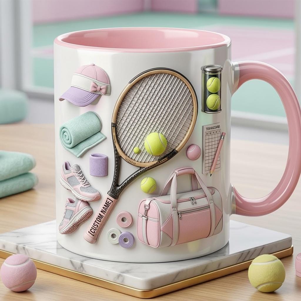 Custom Name Tennis Accent Mug, Tennis Coffee Cup, Gift For Her, Faux 3D Effect