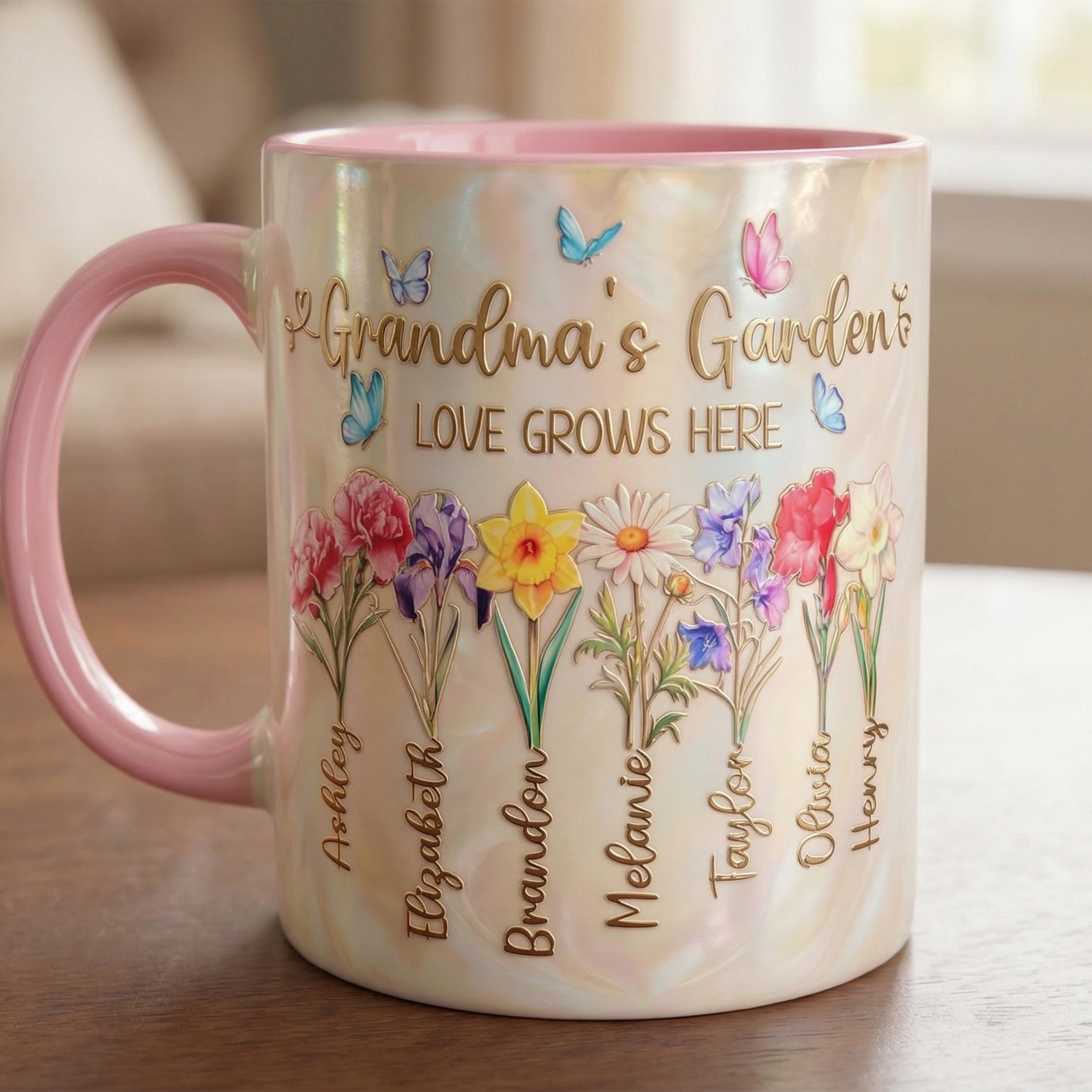Personalized Grandma Flowers Mug, Mother's Day Gift, Grandmas Garden, Faux 3D Effect