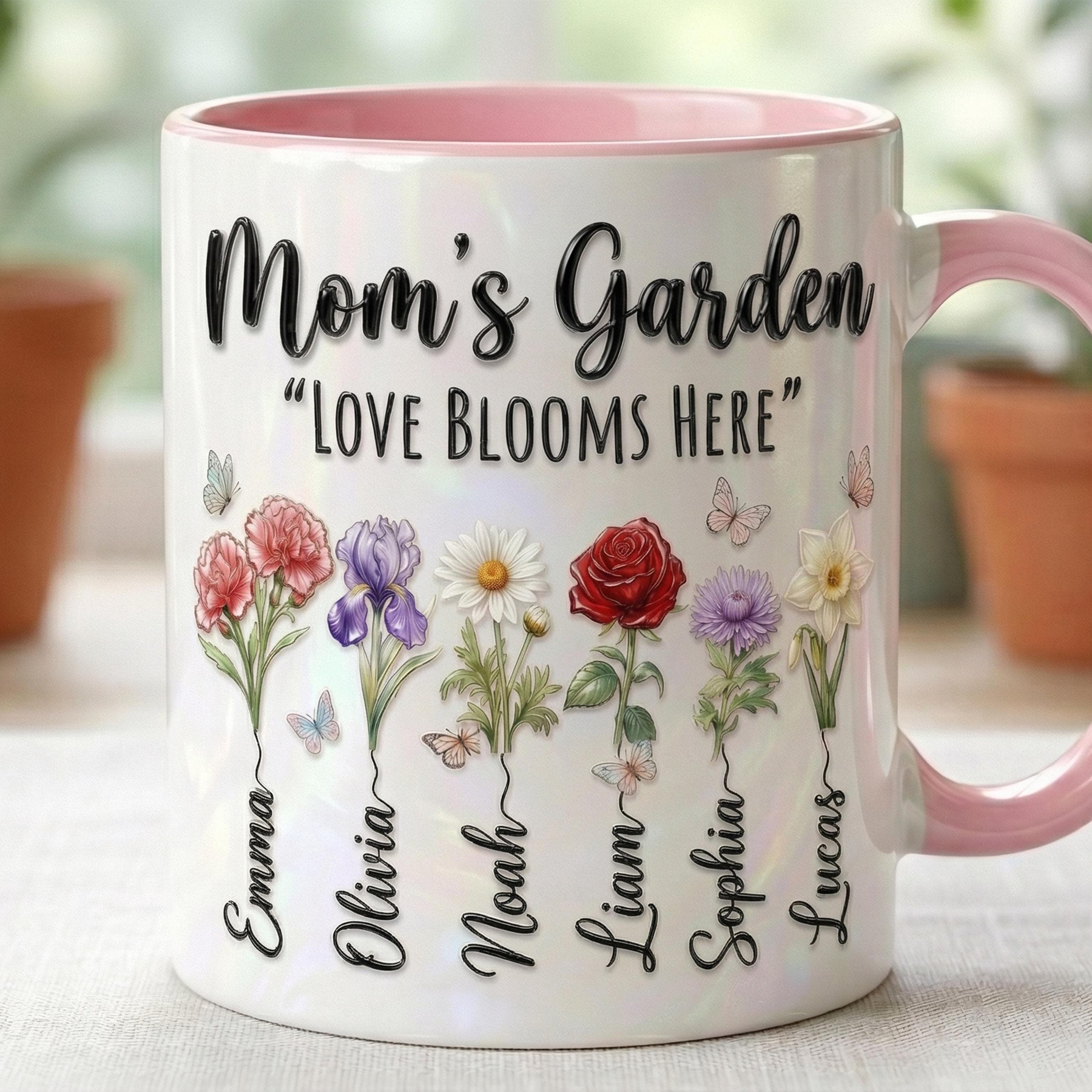 Personalized Mom Flowers Mug, Mother's Day Gifts, Grandmas Garden, Faux 3D Effect