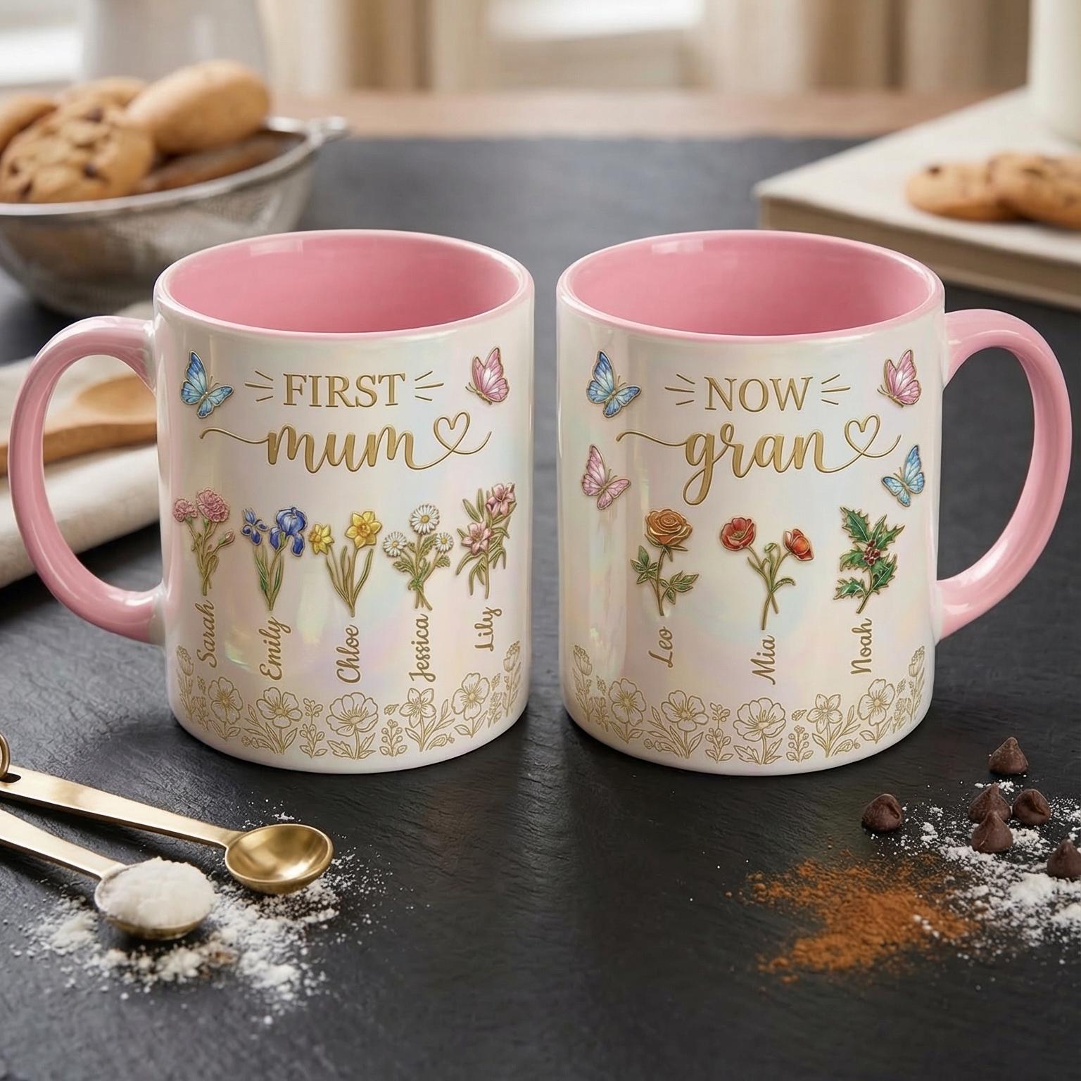 First Mom Now Gran Mug, Personalized Gifts for Mom, Birth Flower Gifts from Daughter, Mother's Day Accent Mug