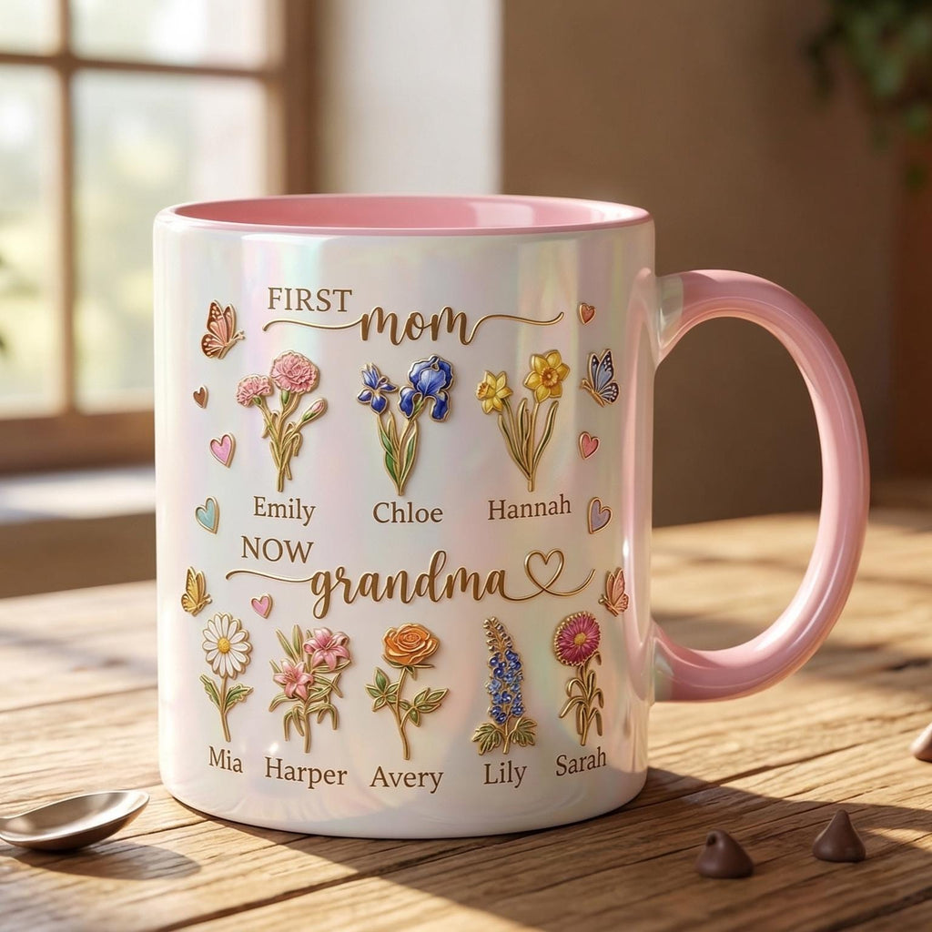 First Mom Now Grandma Cup, Personalized Gifts for Mom, Birth Flower Gifts from Daughter, Mother's Day Accent Mug