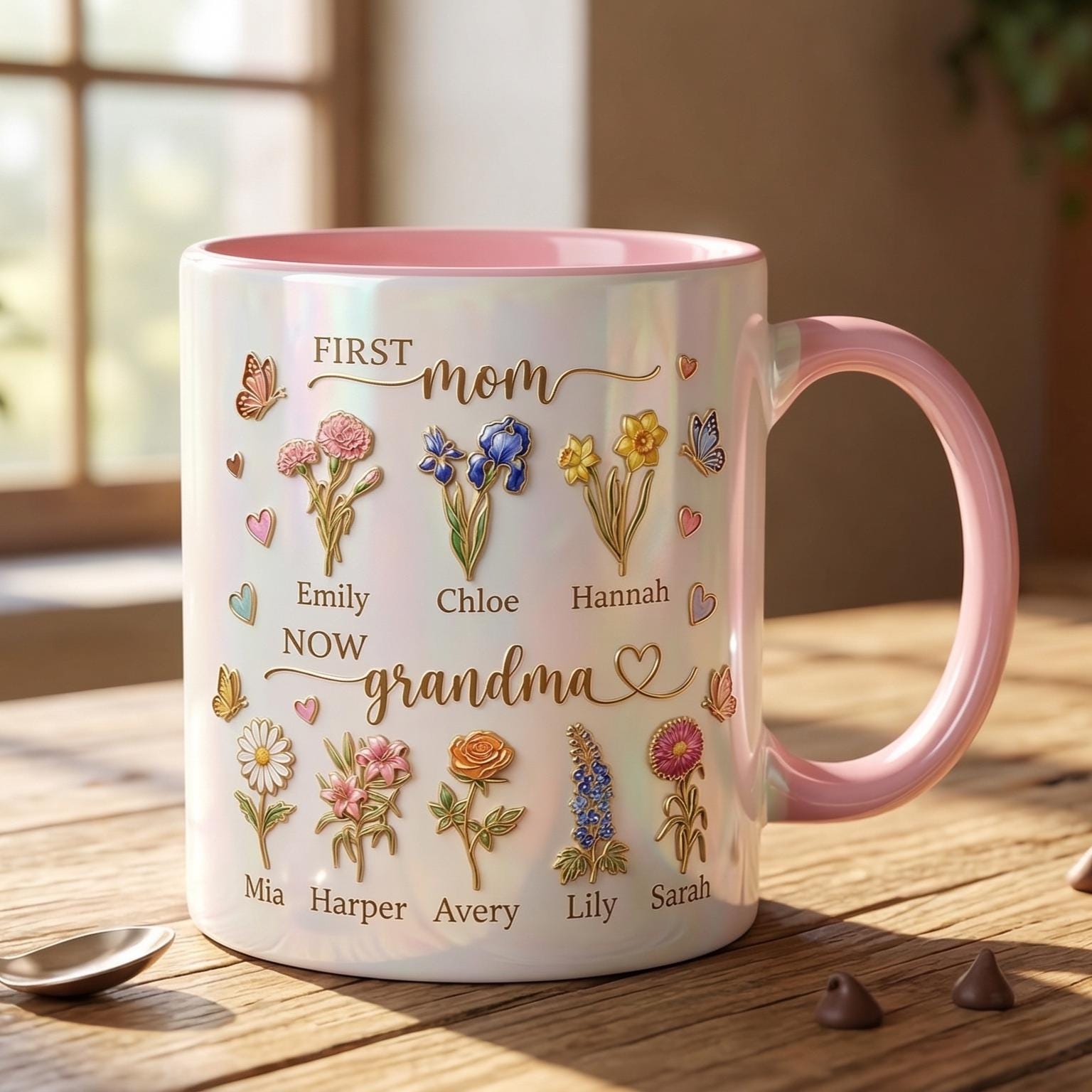 First Mom Now Grandma Cup, Personalized Gifts for Mom, Birth Flower Gifts from Daughter, Mother's Day Accent Mug
