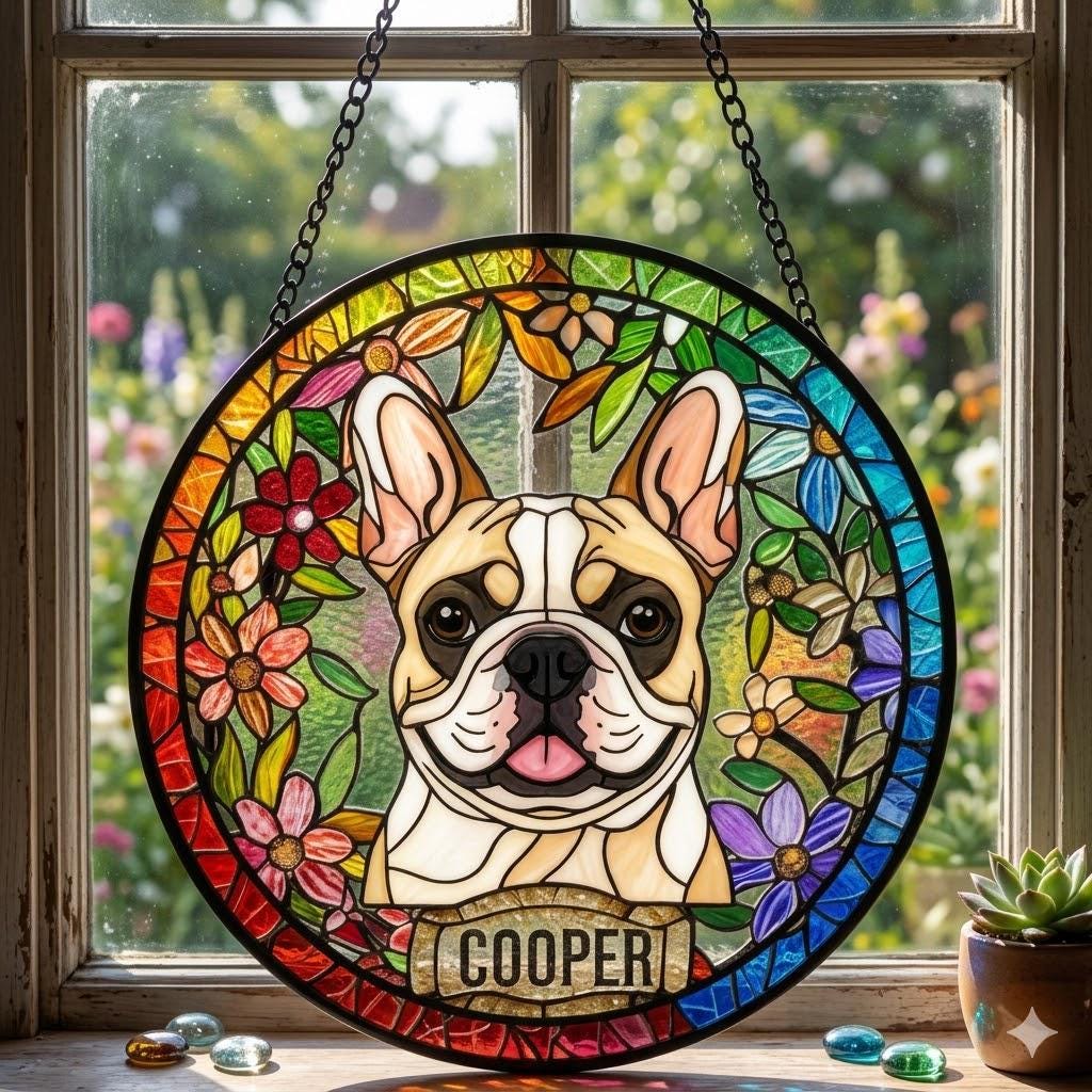 Personalized French Bulldog Stained Glass Suncatcher, Custom Pet Photo Gift, Dog Cat Remembrance Keepsake, Rainbow Bridge Window Decor