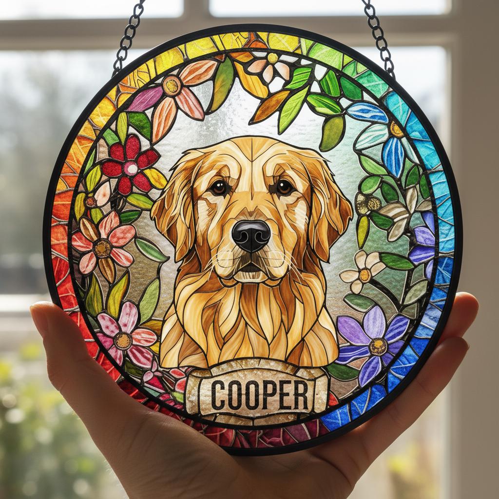 Personalized Golden Retriever dog Stained Glass Suncatcher, Custom Pet Photo Gift, Dog Cat Remembrance Keepsake, Rainbow Bridge Window Decor - image 2