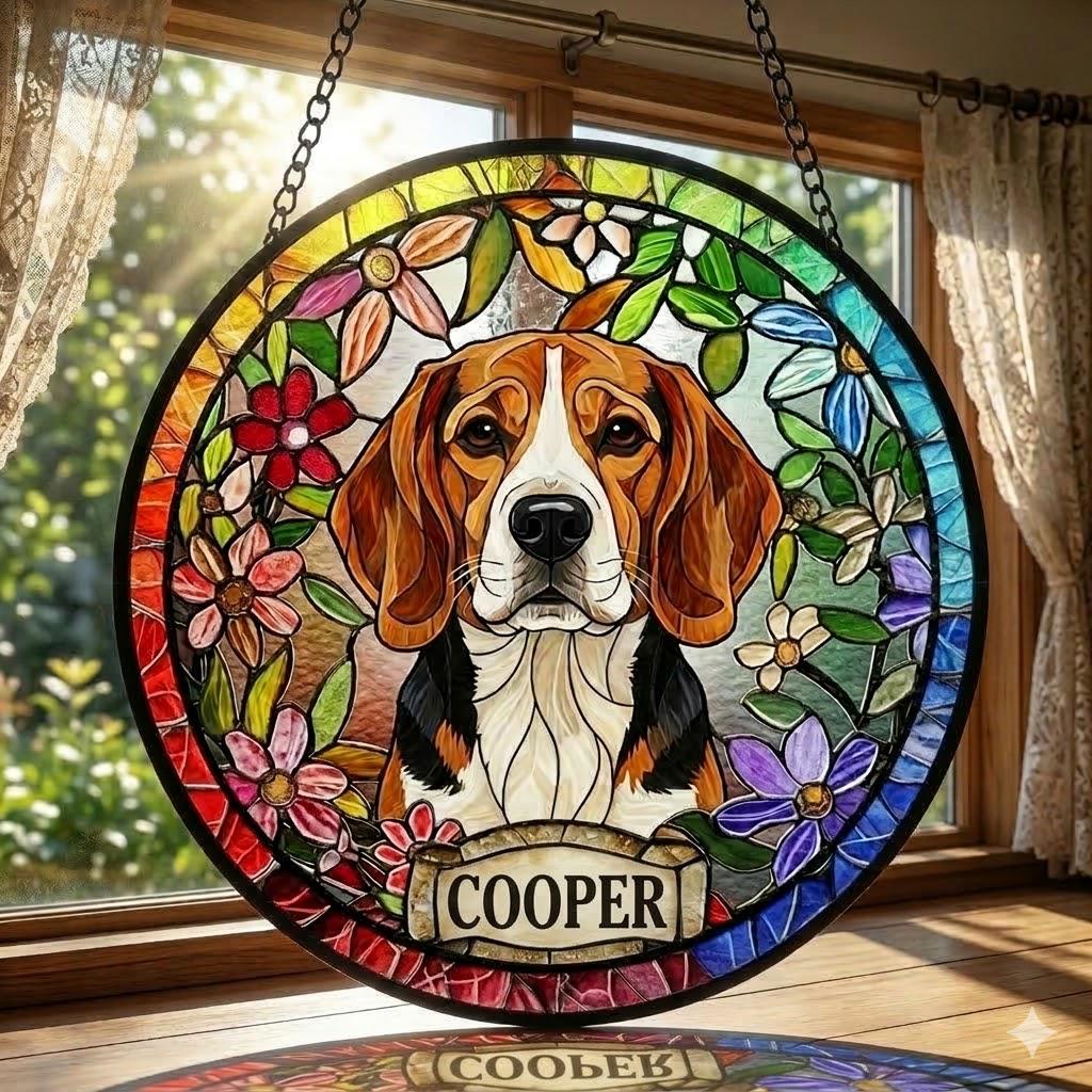 Personalized Beagle  dog Stained Glass Suncatcher, Custom Pet Photo Gift, Dog Cat Remembrance Keepsake, Rainbow Bridge Window Decor