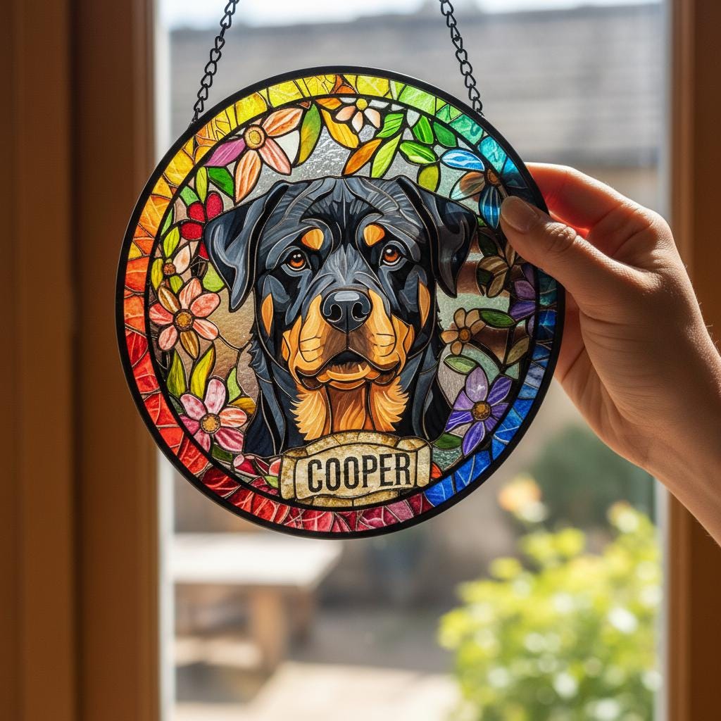Personalized Rottweiler dog Stained Glass Suncatcher, Custom Pet Photo Gift, Dog Cat Remembrance Keepsake, Rainbow Bridge Window Decor - image 2