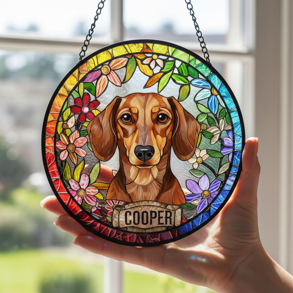 Personalized Dachshund dog Stained Glass Suncatcher, Custom Pet Photo Gift, Dog Cat Remembrance Keepsake, Rainbow Bridge Window Decor - image 4