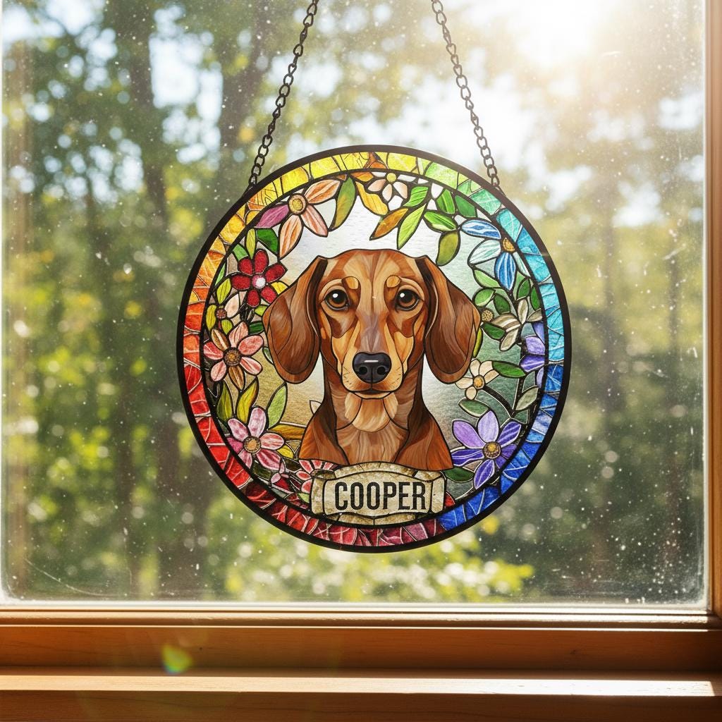 Personalized Dachshund dog Stained Glass Suncatcher, Custom Pet Photo Gift, Dog Cat Remembrance Keepsake, Rainbow Bridge Window Decor - image 2