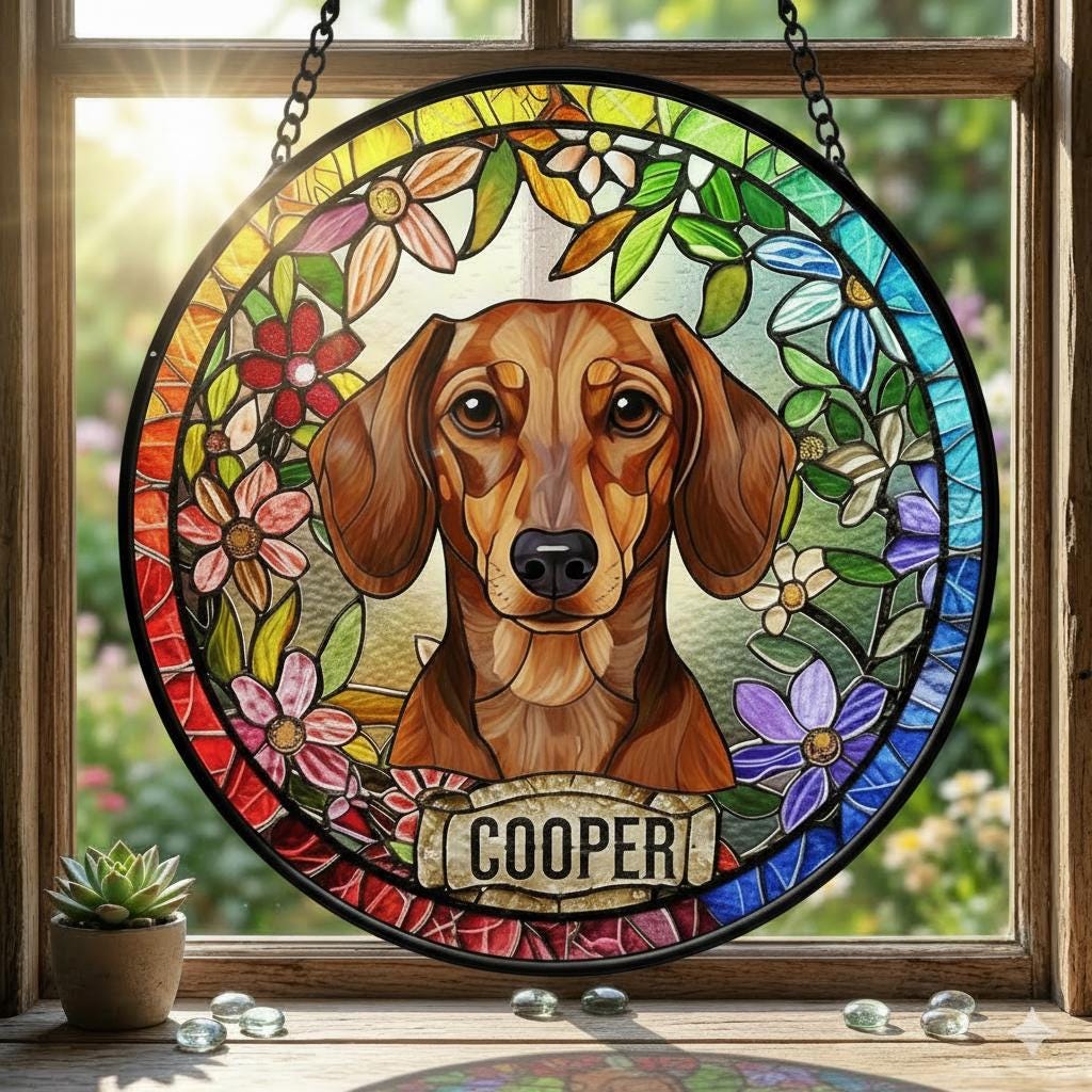 Personalized Dachshund dog Stained Glass Suncatcher, Custom Pet Photo Gift, Dog Cat Remembrance Keepsake, Rainbow Bridge Window Decor
