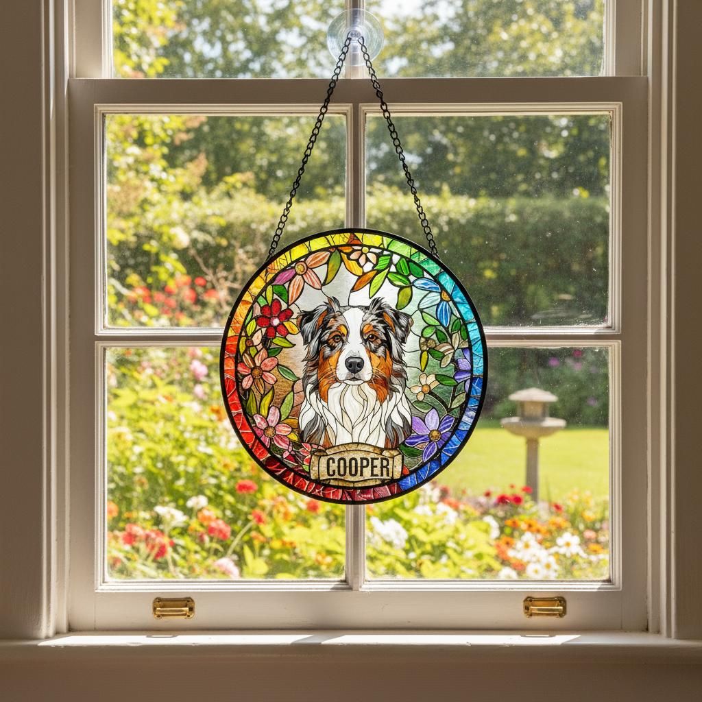 Personalized Australian Shepherd dog  Stained Glass Suncatcher, Custom pet Gift, Dog Cat Remembrance Keepsake, Rainbow Bridge Window Decor - image 2