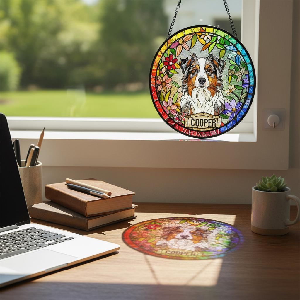 Personalized Australian Shepherd dog  Stained Glass Suncatcher, Custom pet Gift, Dog Cat Remembrance Keepsake, Rainbow Bridge Window Decor - image 4