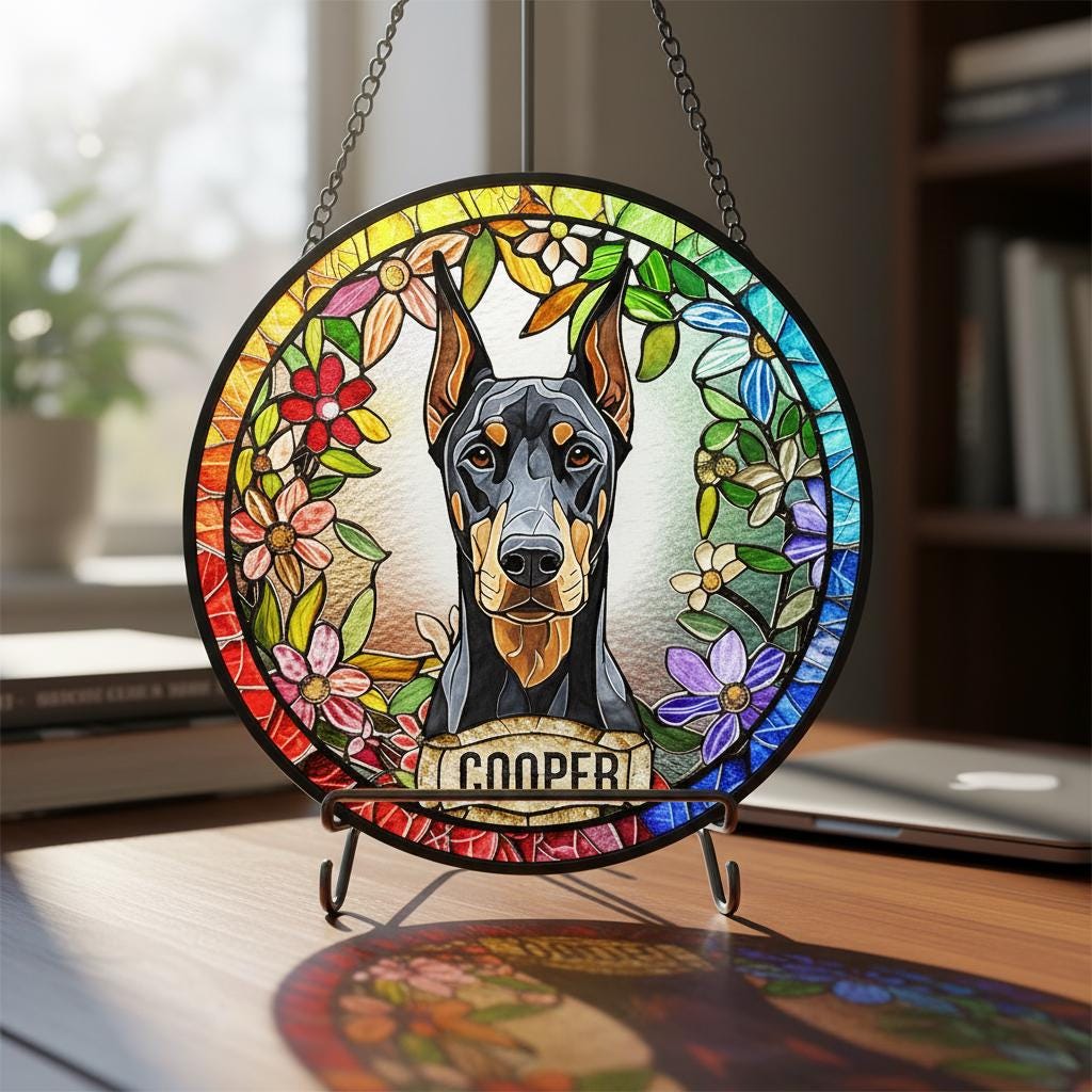 Personalized Doberman Pinscher dog  Stained Glass Suncatcher, Custom pet Gift, Dog Cat Remembrance Keepsake, Rainbow Bridge Window Decor - image 5