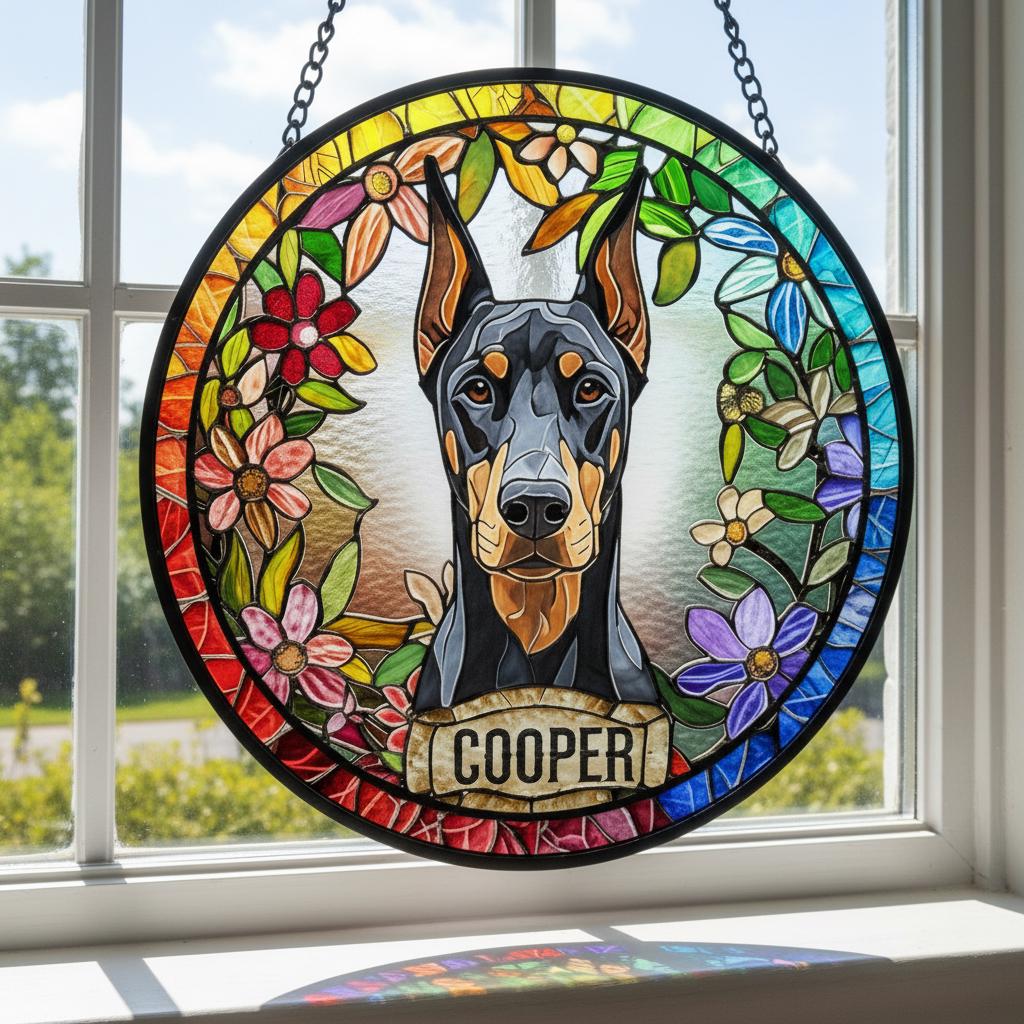 Personalized Doberman Pinscher dog  Stained Glass Suncatcher, Custom pet Gift, Dog Cat Remembrance Keepsake, Rainbow Bridge Window Decor