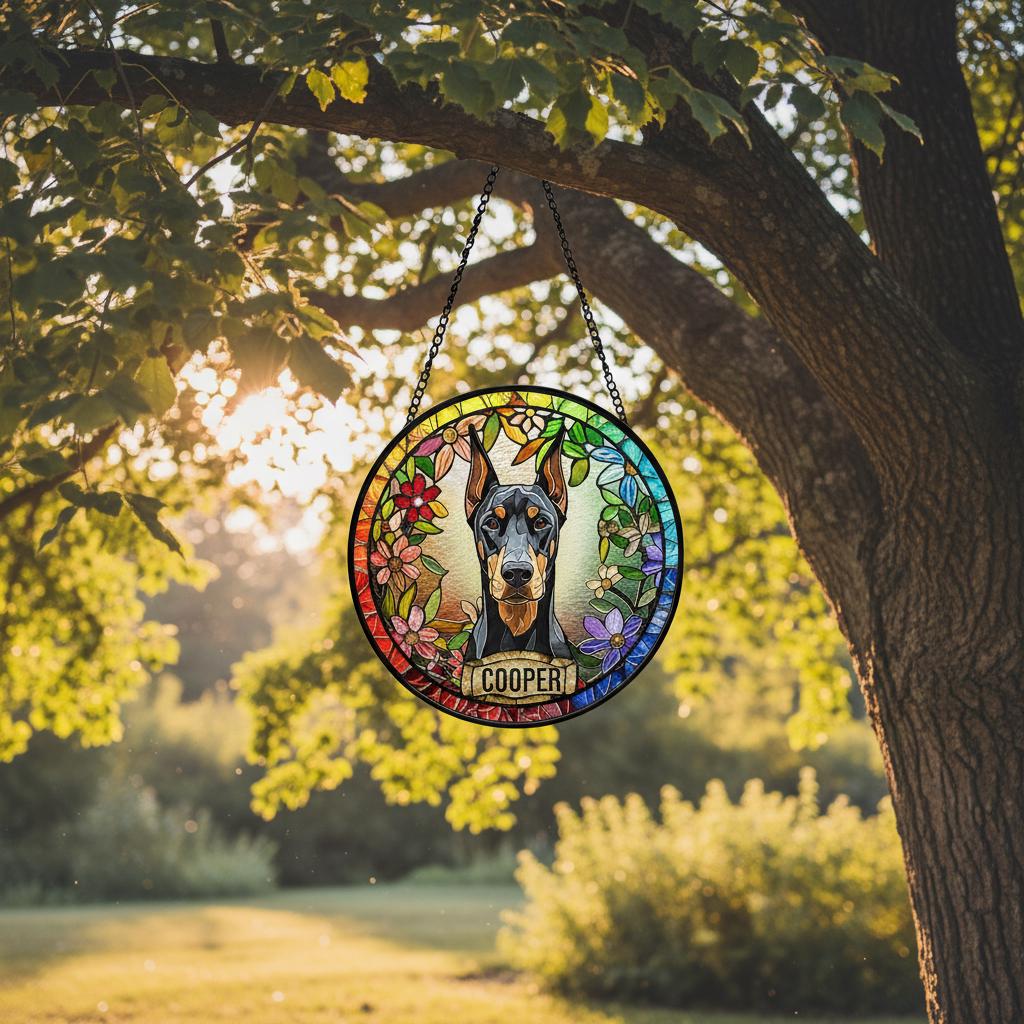 Personalized Doberman Pinscher dog  Stained Glass Suncatcher, Custom pet Gift, Dog Cat Remembrance Keepsake, Rainbow Bridge Window Decor - image 4