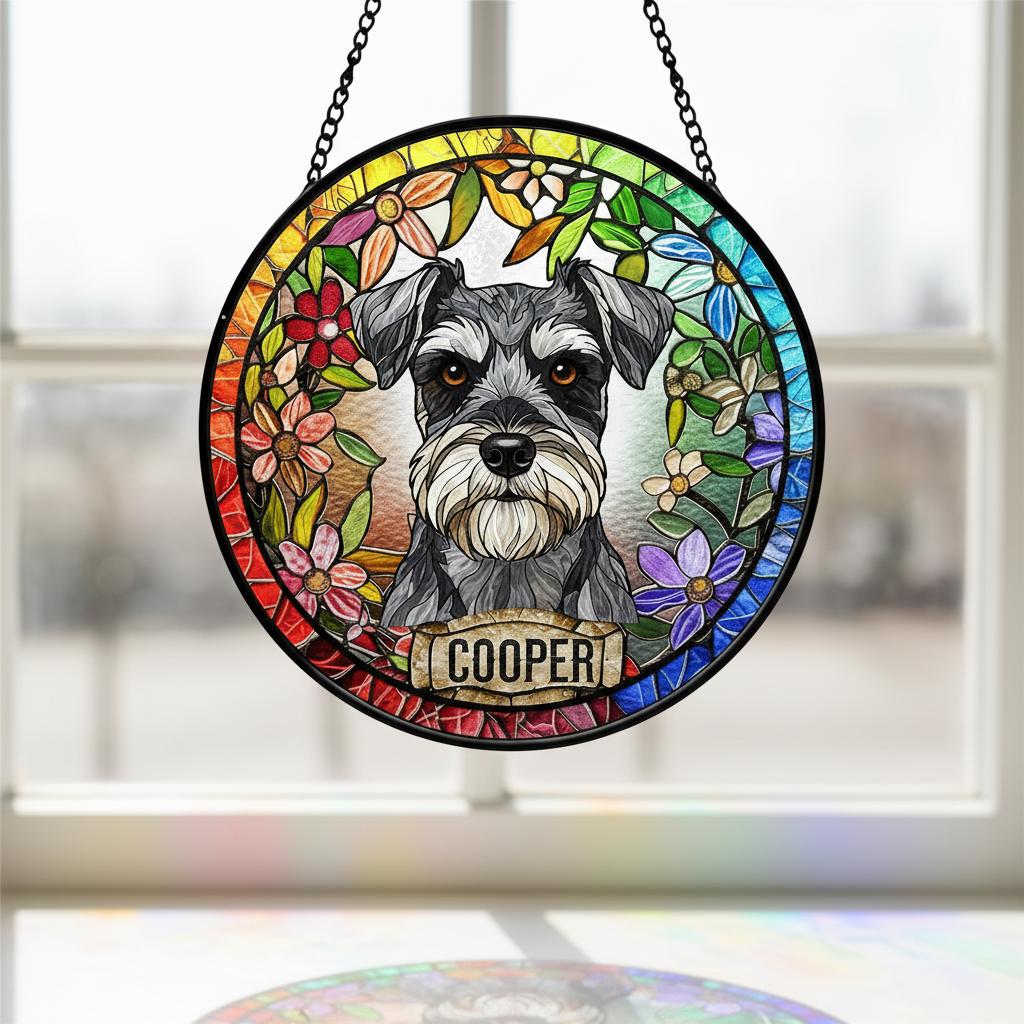 Personalized Miniature Schnauzer  dog  Stained Glass Suncatcher, Custom pet Gift, Dog Cat Remembrance Keepsake, Rainbow Bridge Window Decor - image 4