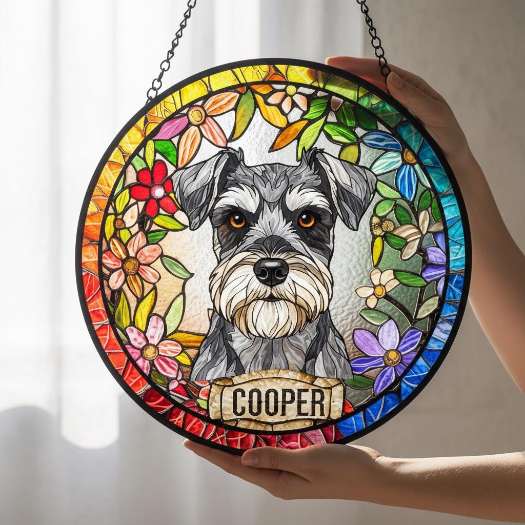 Personalized Miniature Schnauzer  dog  Stained Glass Suncatcher, Custom pet Gift, Dog Cat Remembrance Keepsake, Rainbow Bridge Window Decor - image 2