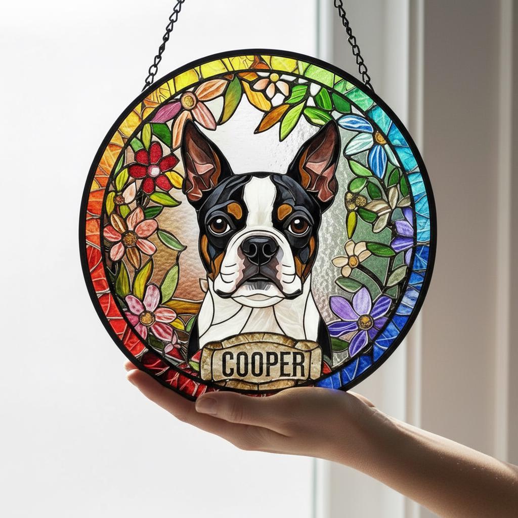 Personalized Boston Terrier  dog  Stained Glass Suncatcher, Custom pet Gift, Dog Cat Remembrance Keepsake, Rainbow Bridge Window Decor - image 3