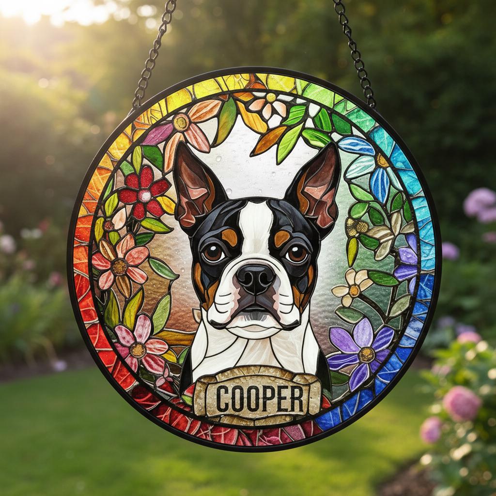 Personalized Boston Terrier  dog  Stained Glass Suncatcher, Custom pet Gift, Dog Cat Remembrance Keepsake, Rainbow Bridge Window Decor - image 2