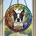 Personalized Boston Terrier  dog  Stained Glass Suncatcher, Custom pet Gift, Dog Cat Remembrance Keepsake, Rainbow Bridge Window Decor