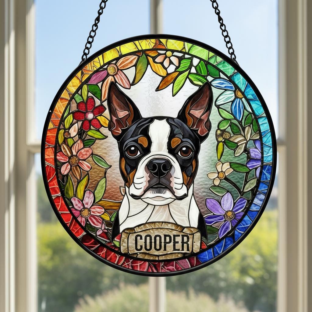 Personalized Boston Terrier  dog  Stained Glass Suncatcher, Custom pet Gift, Dog Cat Remembrance Keepsake, Rainbow Bridge Window Decor