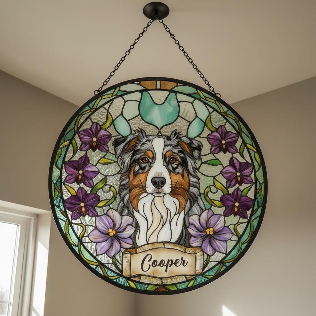 Custom Australian Shepherd Dog Portrait Stained Glass Suncatcher, Personalized Pet Memorial Photo Suncatcher,Dog Loss Keepsake,Pet Loss Gift - image 4